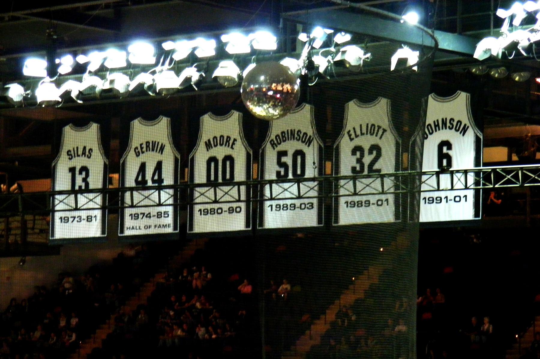 a group of people watching a basketball game - Retired jerseys spurs